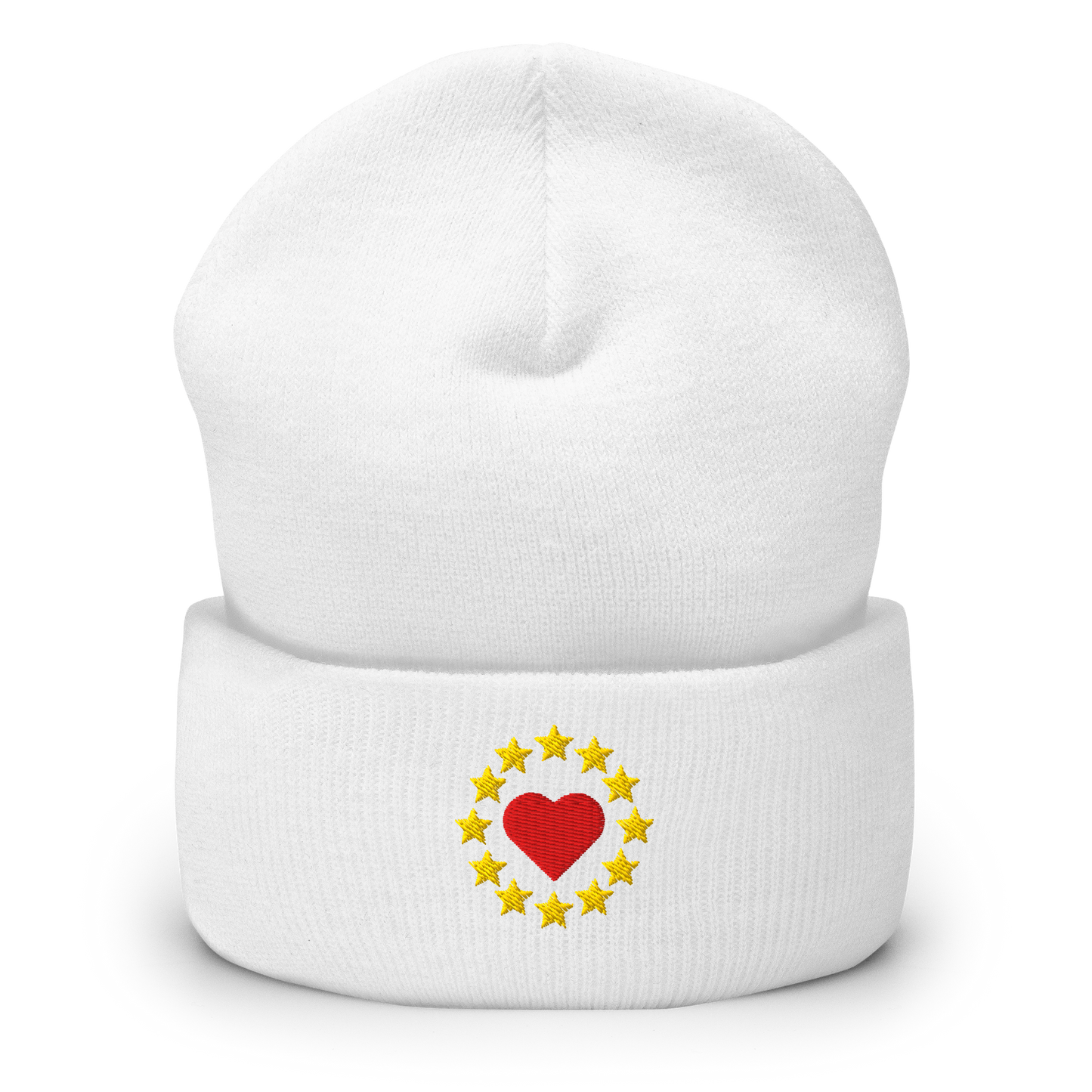 White "Show the Love for EU" Cuffed Beanie Front View