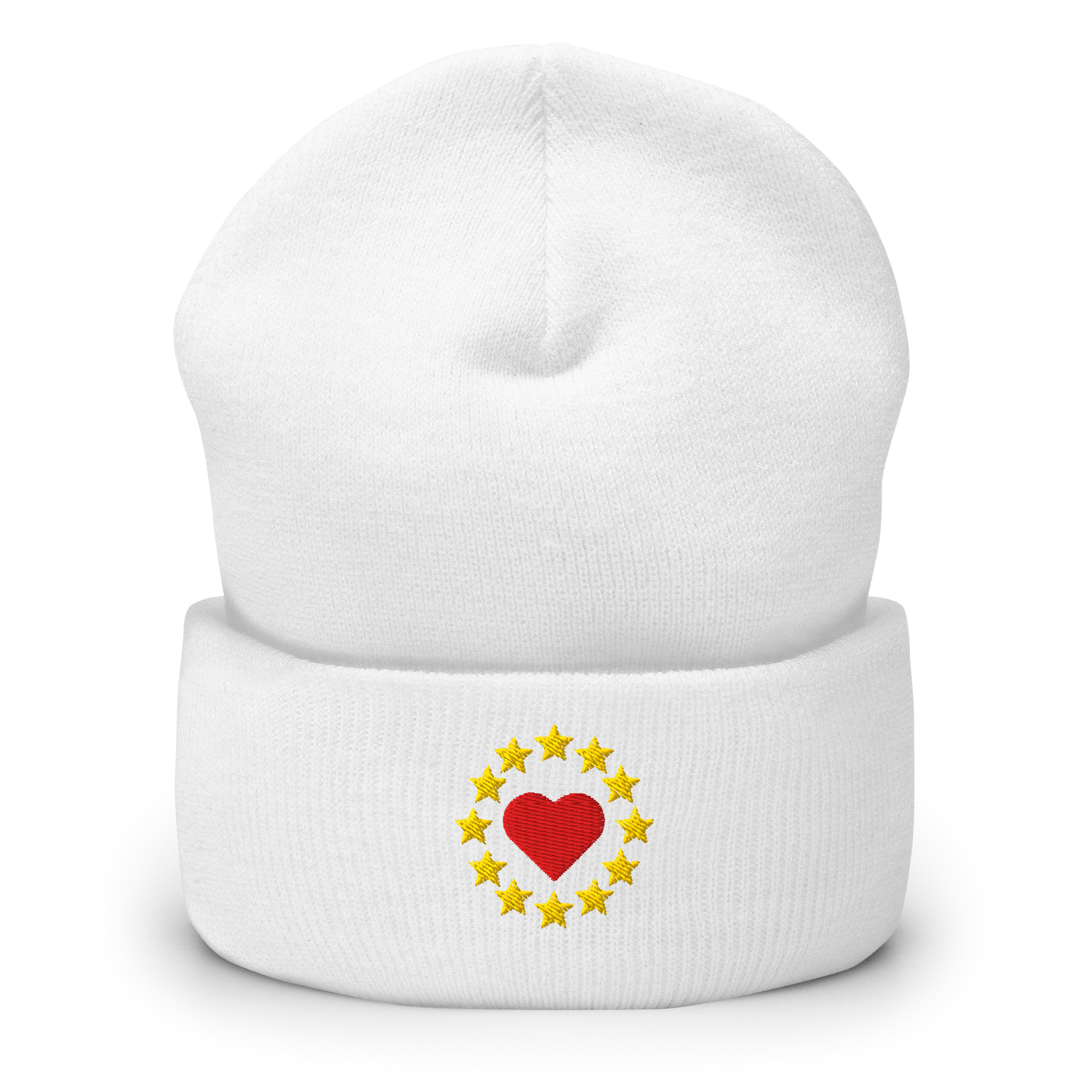 White "Show the Love for EU" Cuffed Beanie Front View