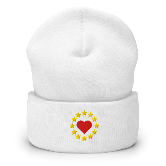 White "Show the Love for EU" Cuffed Beanie Front View