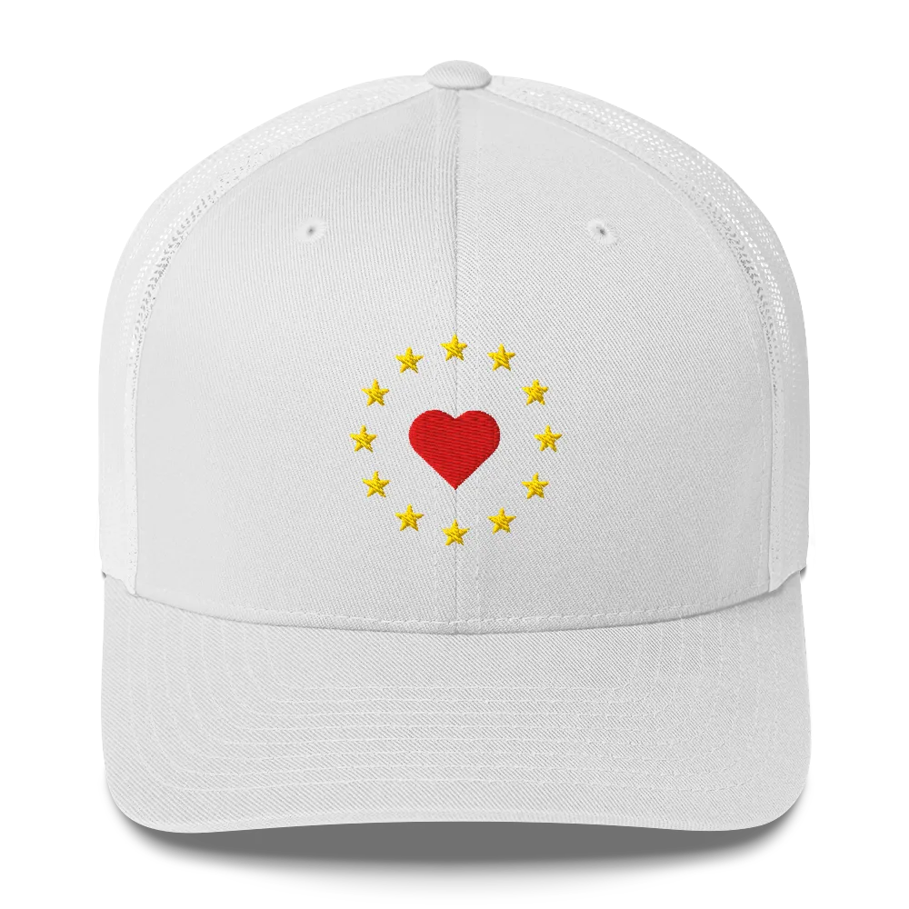 White "Show the Love for EU" Trucker Cap with Front View