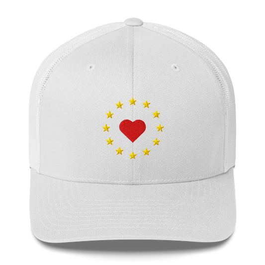 White "Show the Love for EU" Trucker Cap with Front View