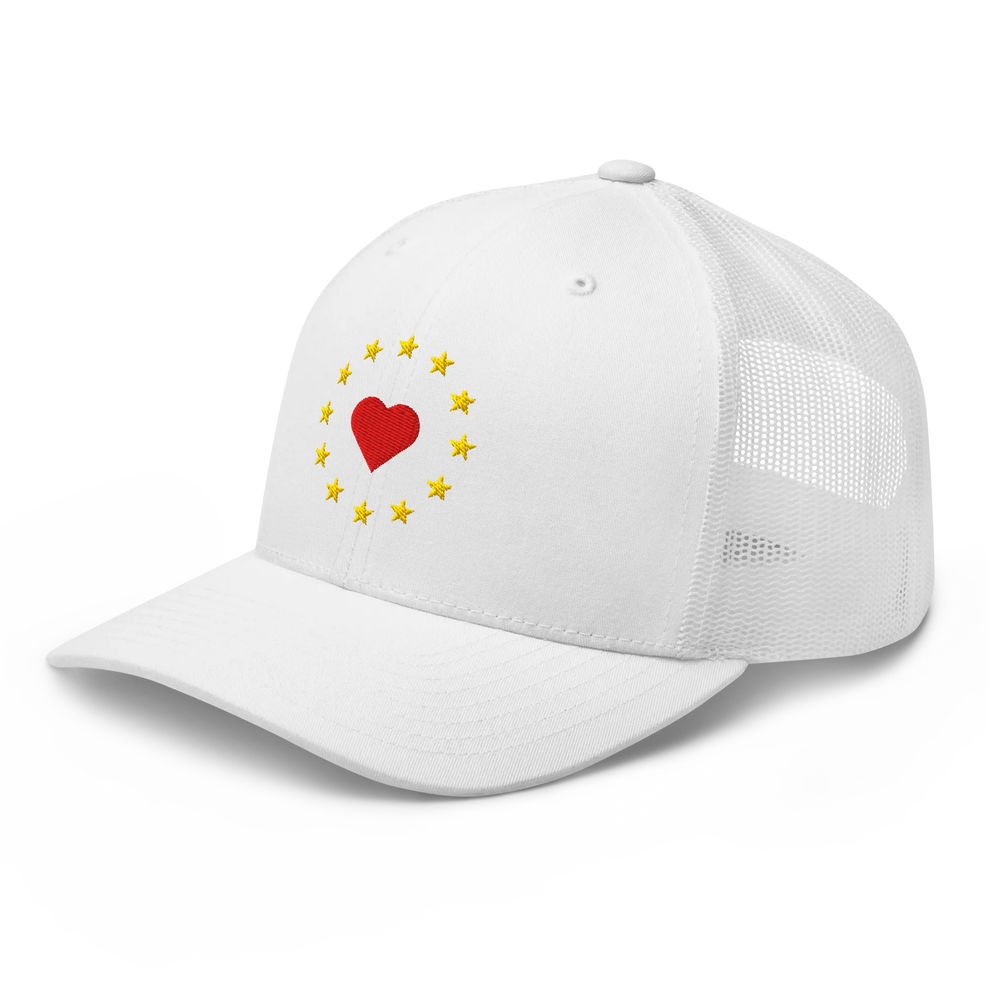 White "Show the Love for EU" Trucker Cap with Left Front View