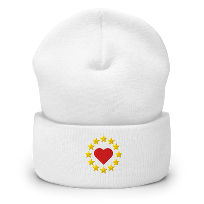 White "Show the Love for Europe" Cuffed Beanie Front View