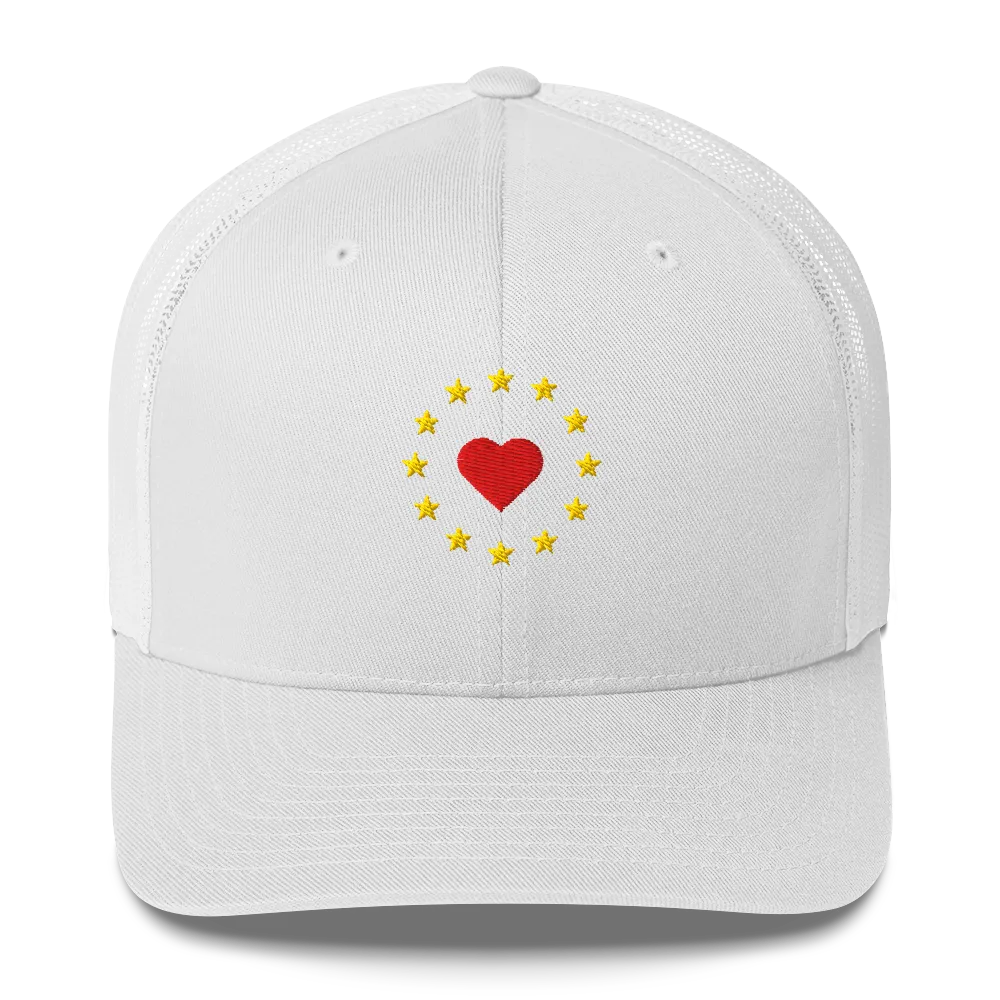 White "Show the Love for Europe" Trucker Cap with Front View
