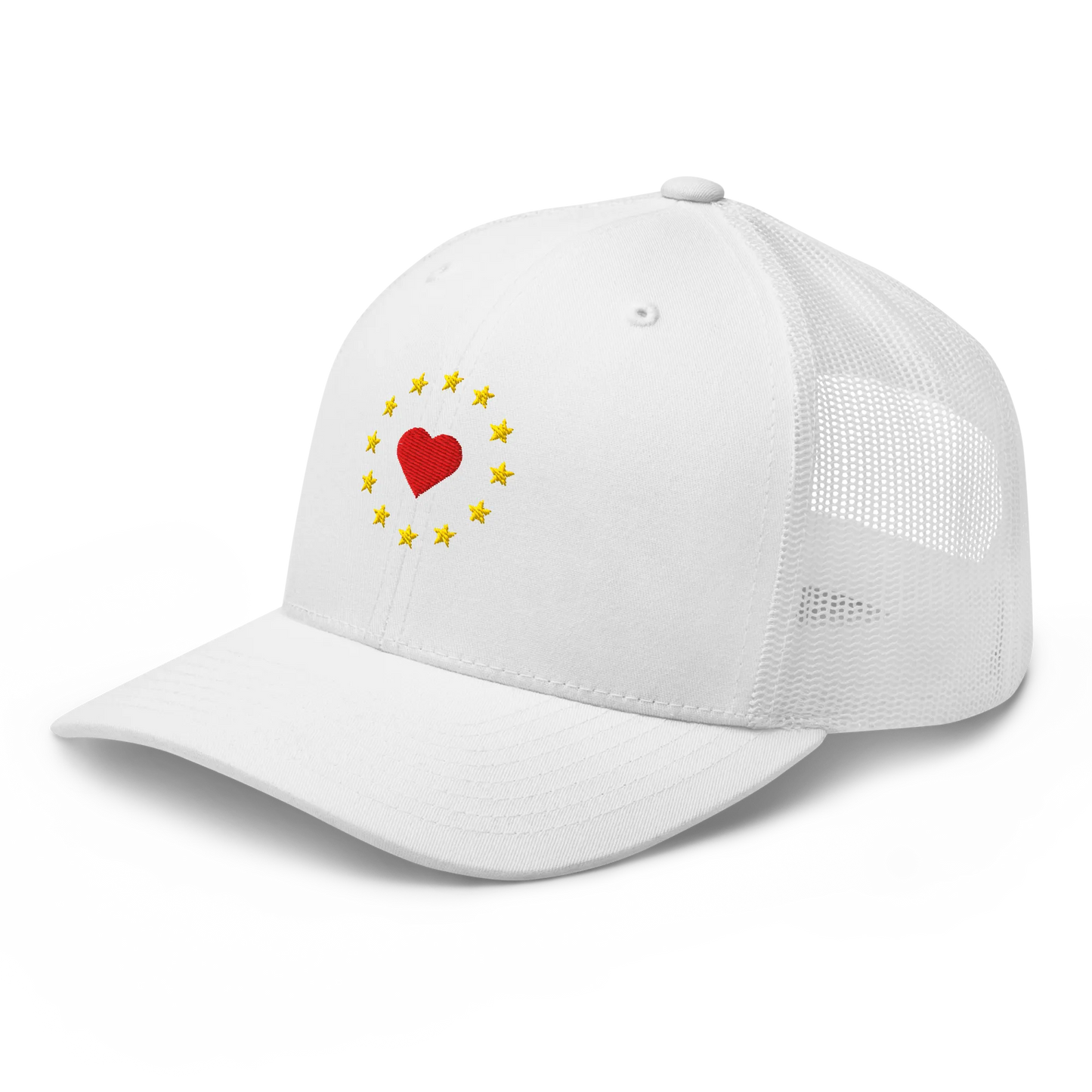 White "Show the Love for Europe" Trucker Cap with Left Front View