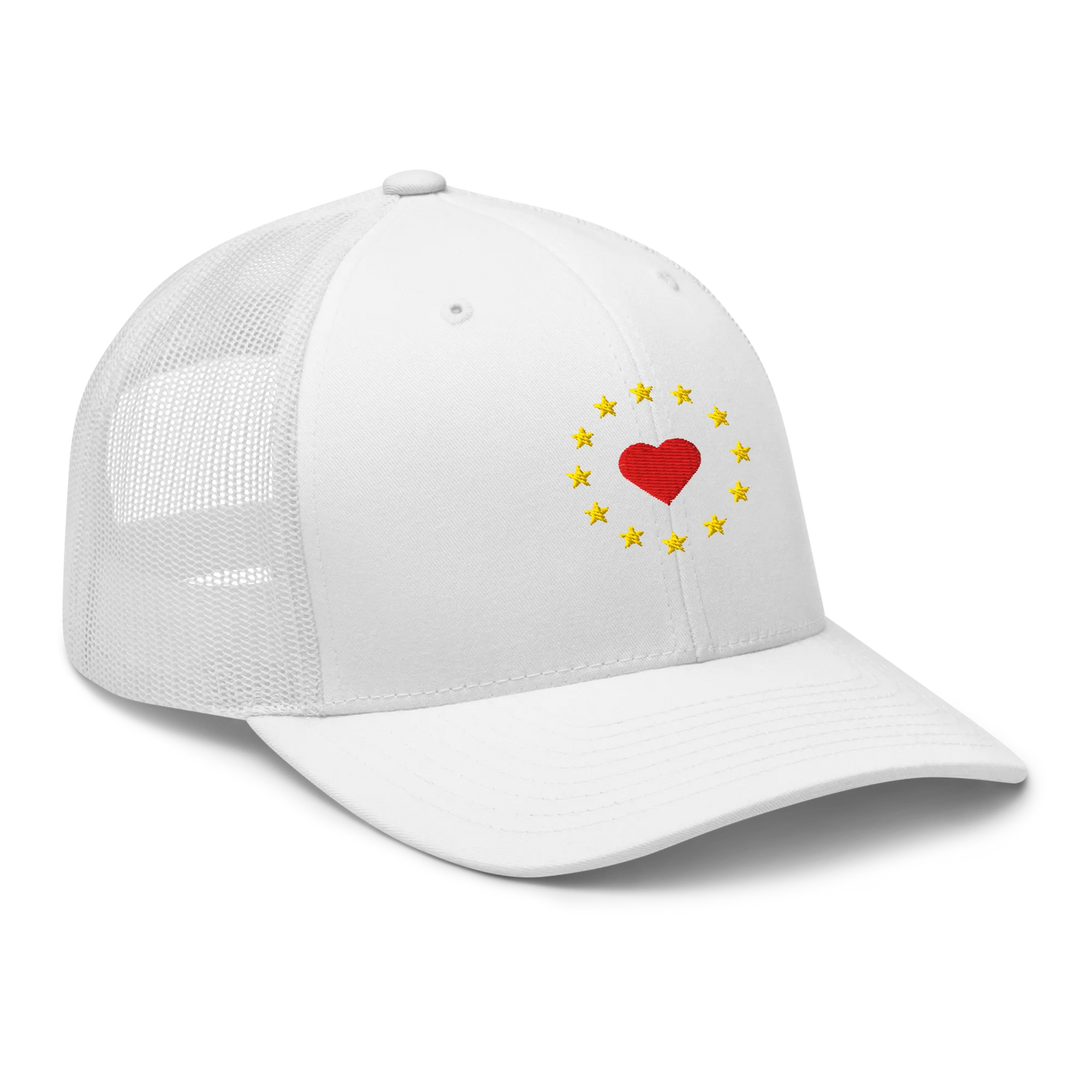 White "Show the Love for Europe" Trucker Cap with Right Front View